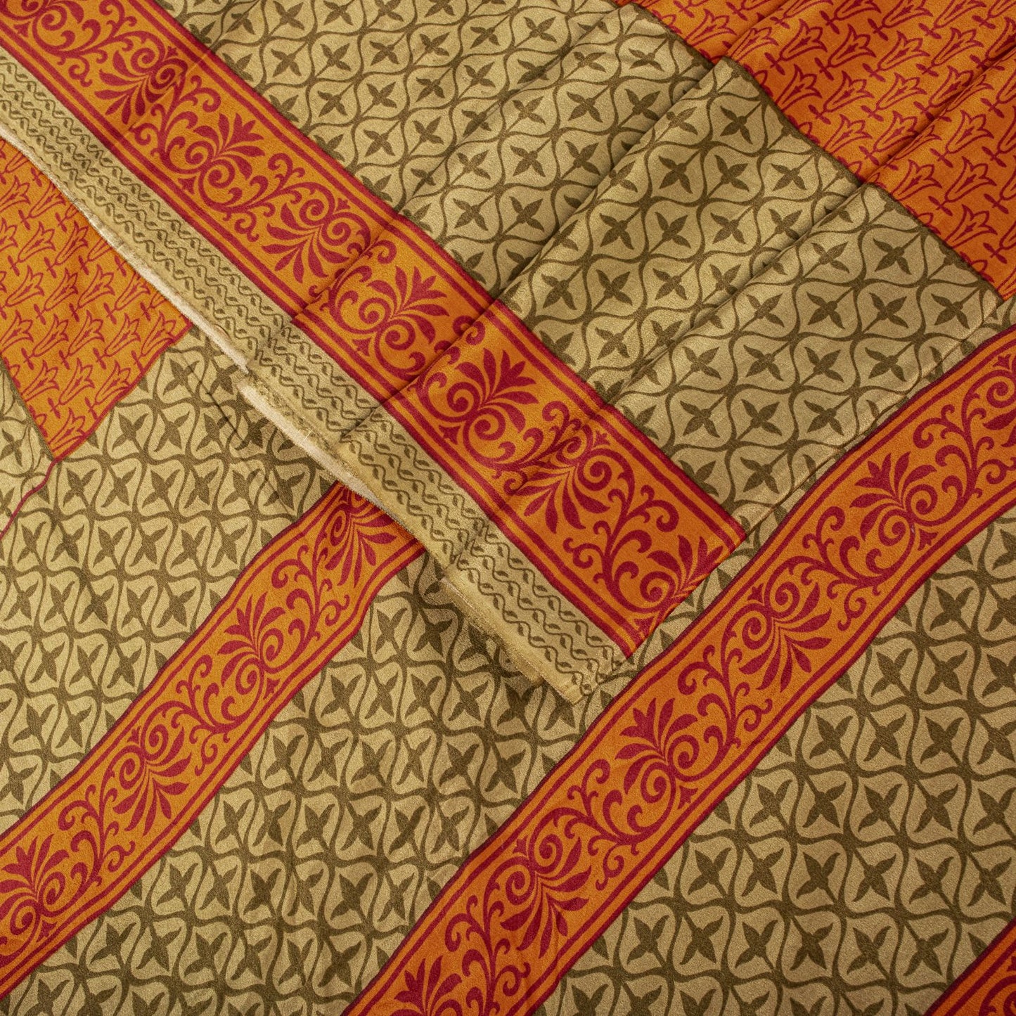 Sanskriti Vintage Saree Orange Pure Crepe Floral Print Sari 5.5+Yd Craft Fabric