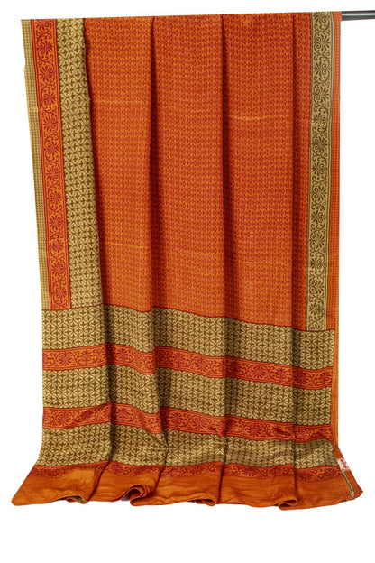 Sanskriti Vintage Saree Orange Pure Crepe Floral Print Sari 5.5+Yd Craft Fabric