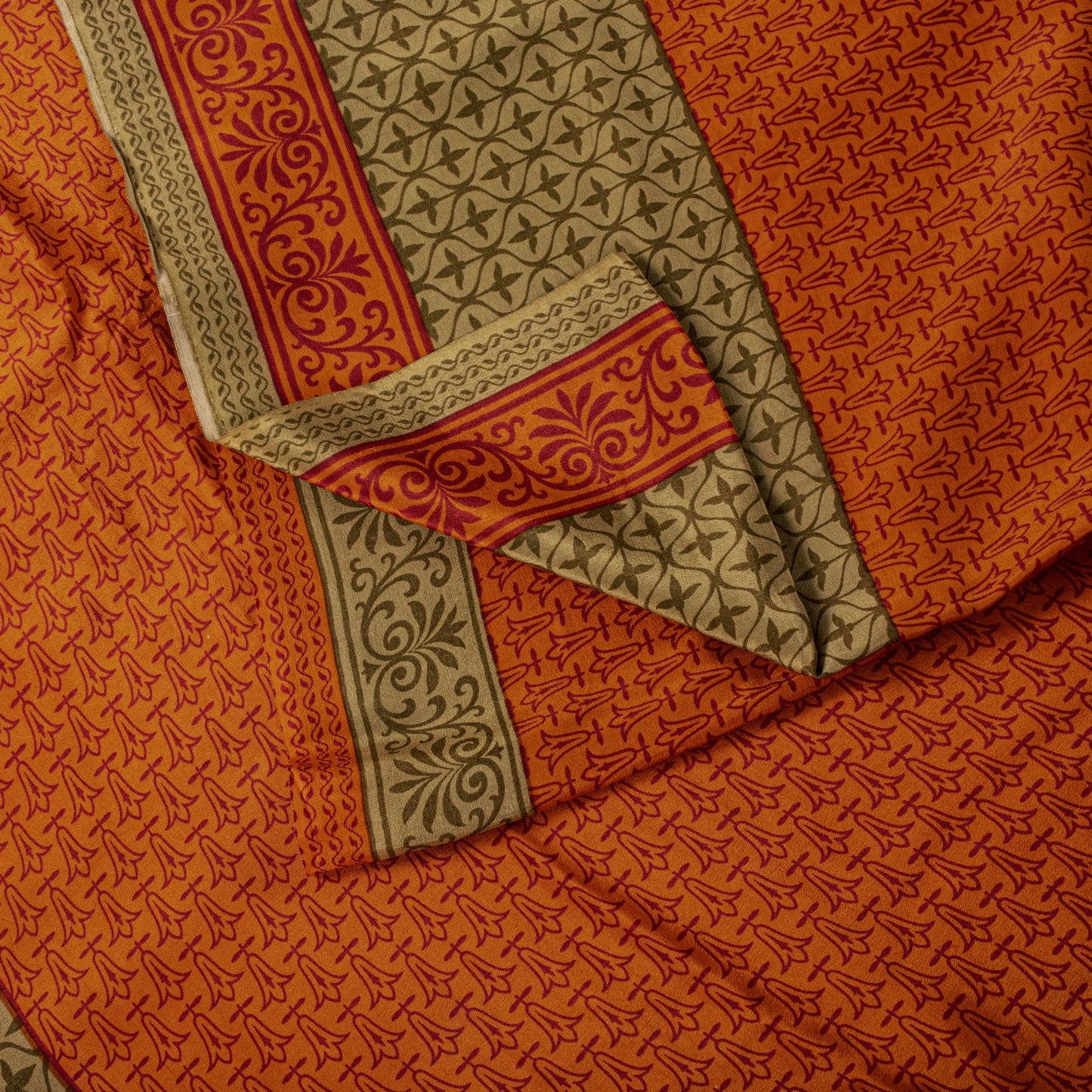 Sanskriti Vintage Saree Orange Pure Crepe Floral Print Sari 5.5+Yd Craft Fabric