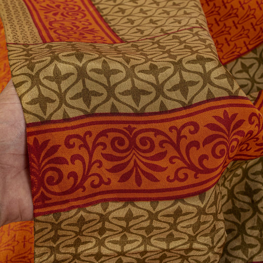 Sanskriti Vintage Saree Orange Pure Crepe Floral Print Sari 5.5+Yd Craft Fabric