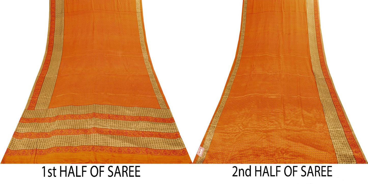 Sanskriti Vintage Saree Orange Pure Crepe Floral Print Sari 5.5+Yd Craft Fabric
