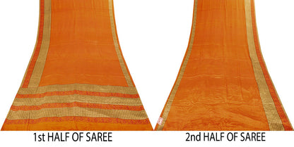 Sanskriti Vintage Saree Orange Pure Crepe Floral Print Sari 5.5+Yd Craft Fabric