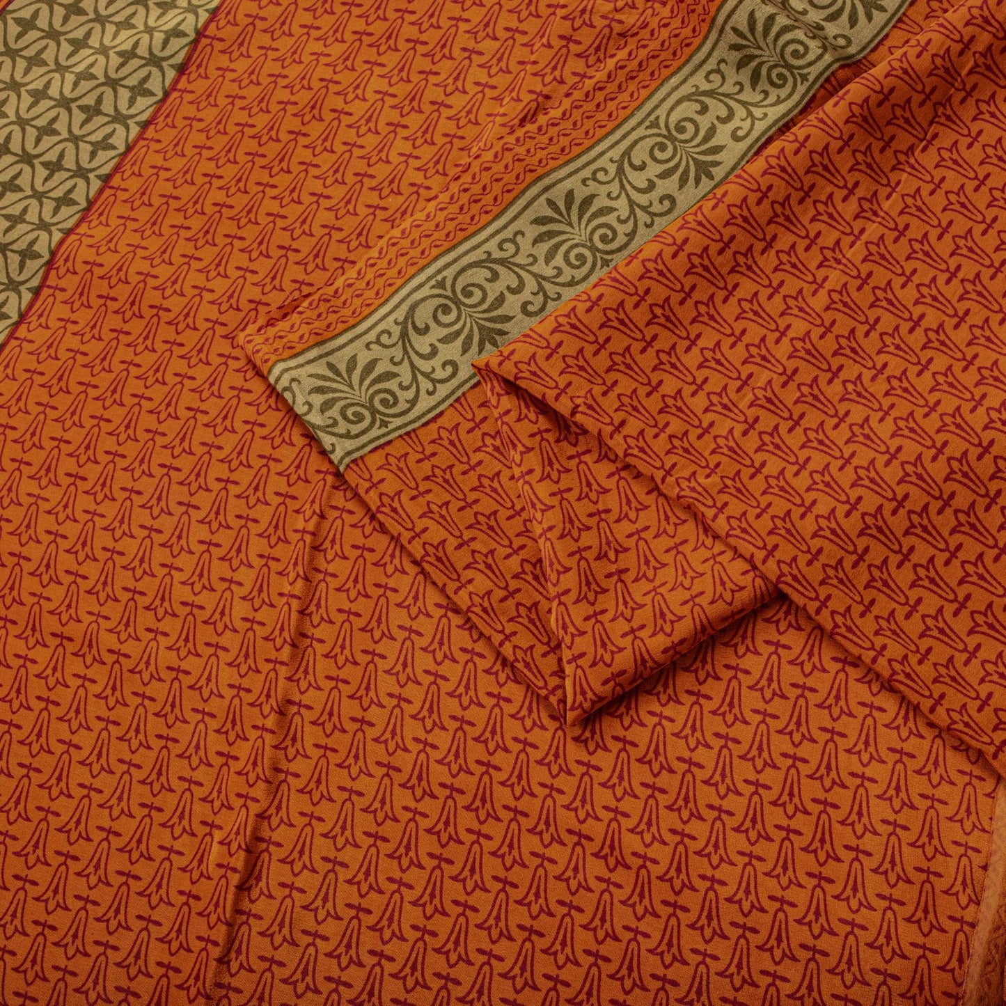 Sanskriti Vintage Saree Orange Pure Crepe Floral Print Sari 5.5+Yd Craft Fabric