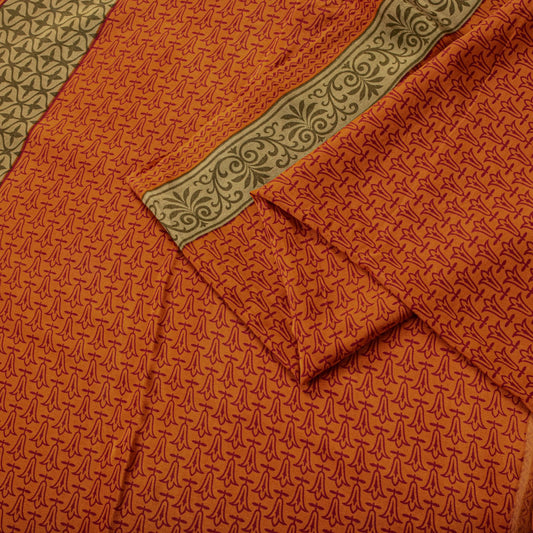 Sanskriti Vintage Saree Orange Pure Crepe Floral Print Sari 5.5+Yd Craft Fabric