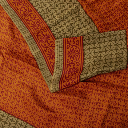 Sanskriti Vintage Saree Orange Pure Crepe Floral Print Sari 5.5+Yd Craft Fabric