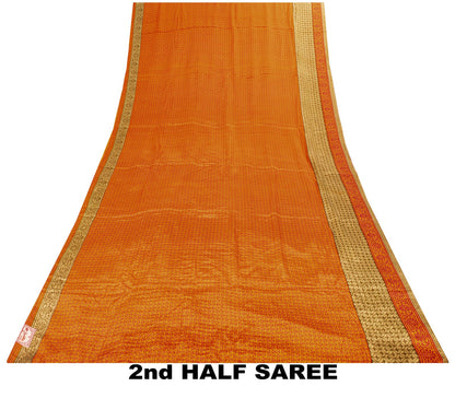 Sanskriti Vintage Saree Orange Pure Crepe Floral Print Sari 5.5+Yd Craft Fabric