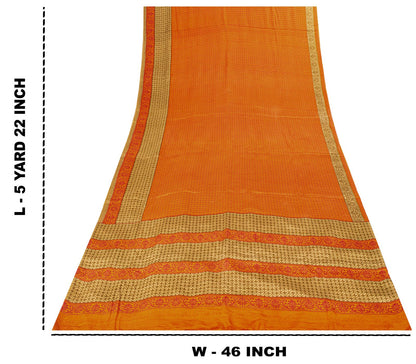 Sanskriti Vintage Saree Orange Pure Crepe Floral Print Sari 5.5+Yd Craft Fabric