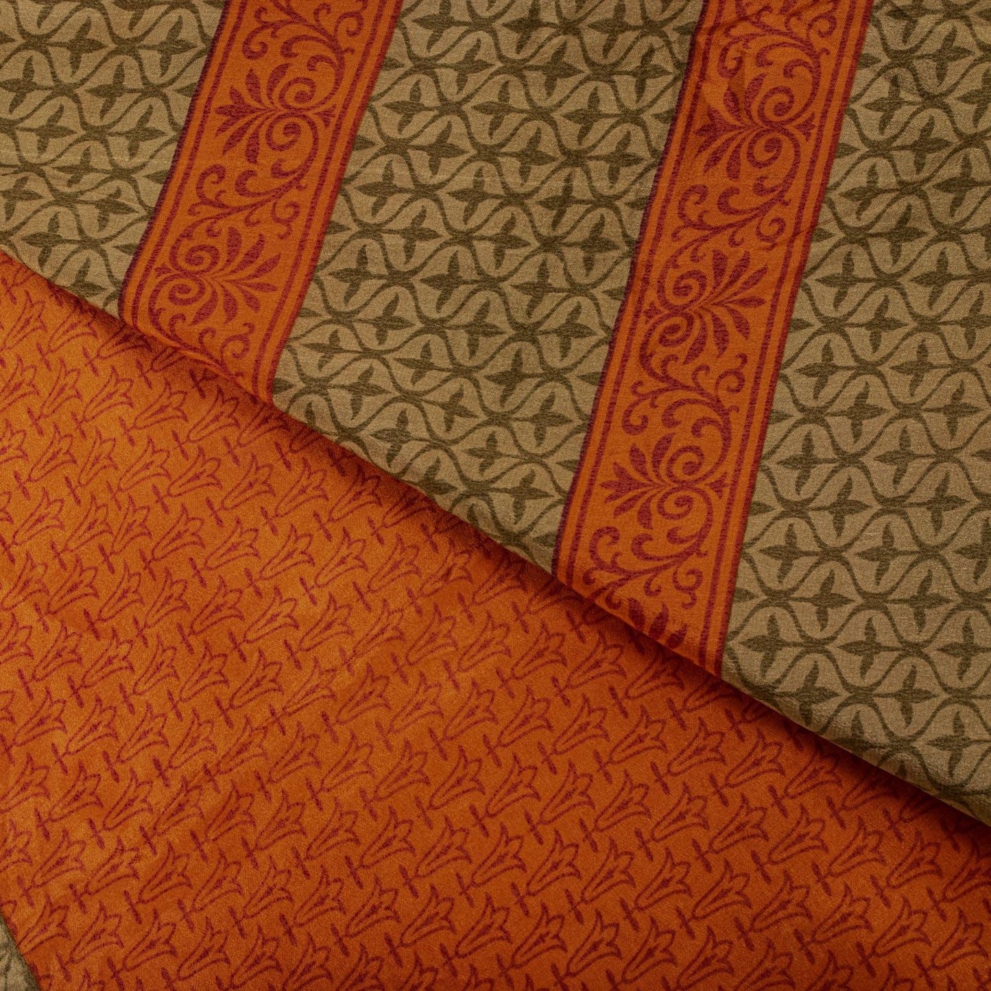 Sanskriti Vintage Saree Orange Pure Crepe Floral Print Sari 5.5+Yd Craft Fabric