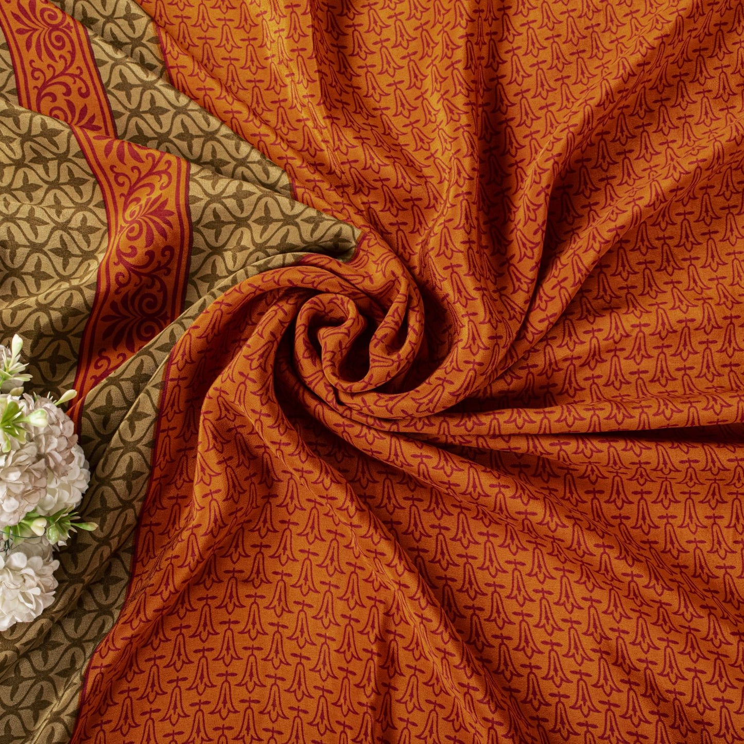 Sanskriti Vintage Saree Orange Pure Crepe Floral Print Sari 5.5+Yd Craft Fabric