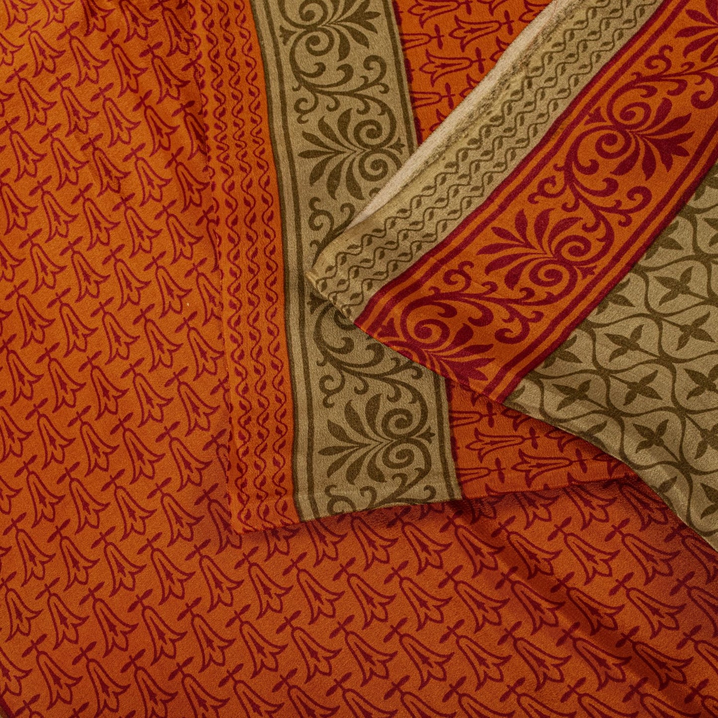 Sanskriti Vintage Saree Orange Pure Crepe Floral Print Sari 5.5+Yd Craft Fabric