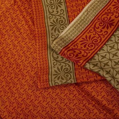 Sanskriti Vintage Saree Orange Pure Crepe Floral Print Sari 5.5+Yd Craft Fabric