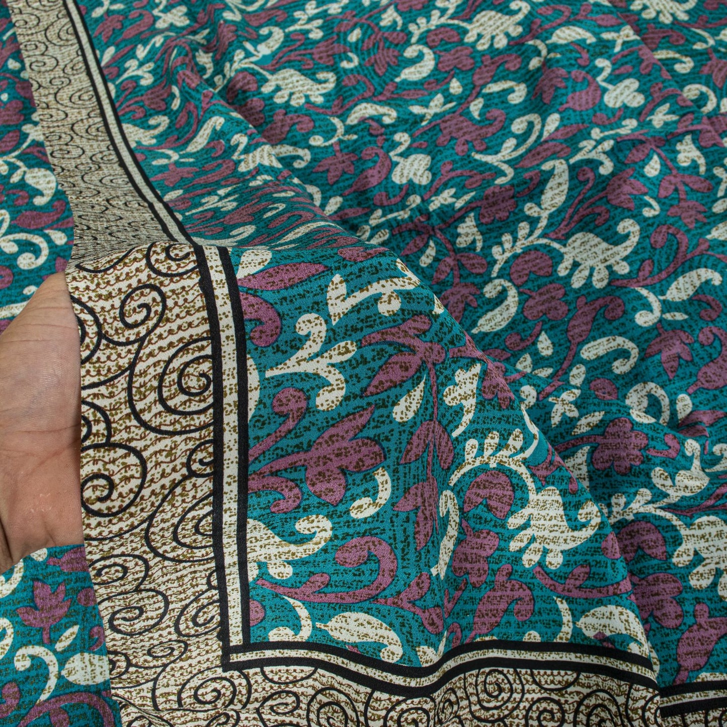 Sanskriti Vintage Blue Pure Crepe Silk Saree Floral Print Sari 5+Yard Fabric DIY