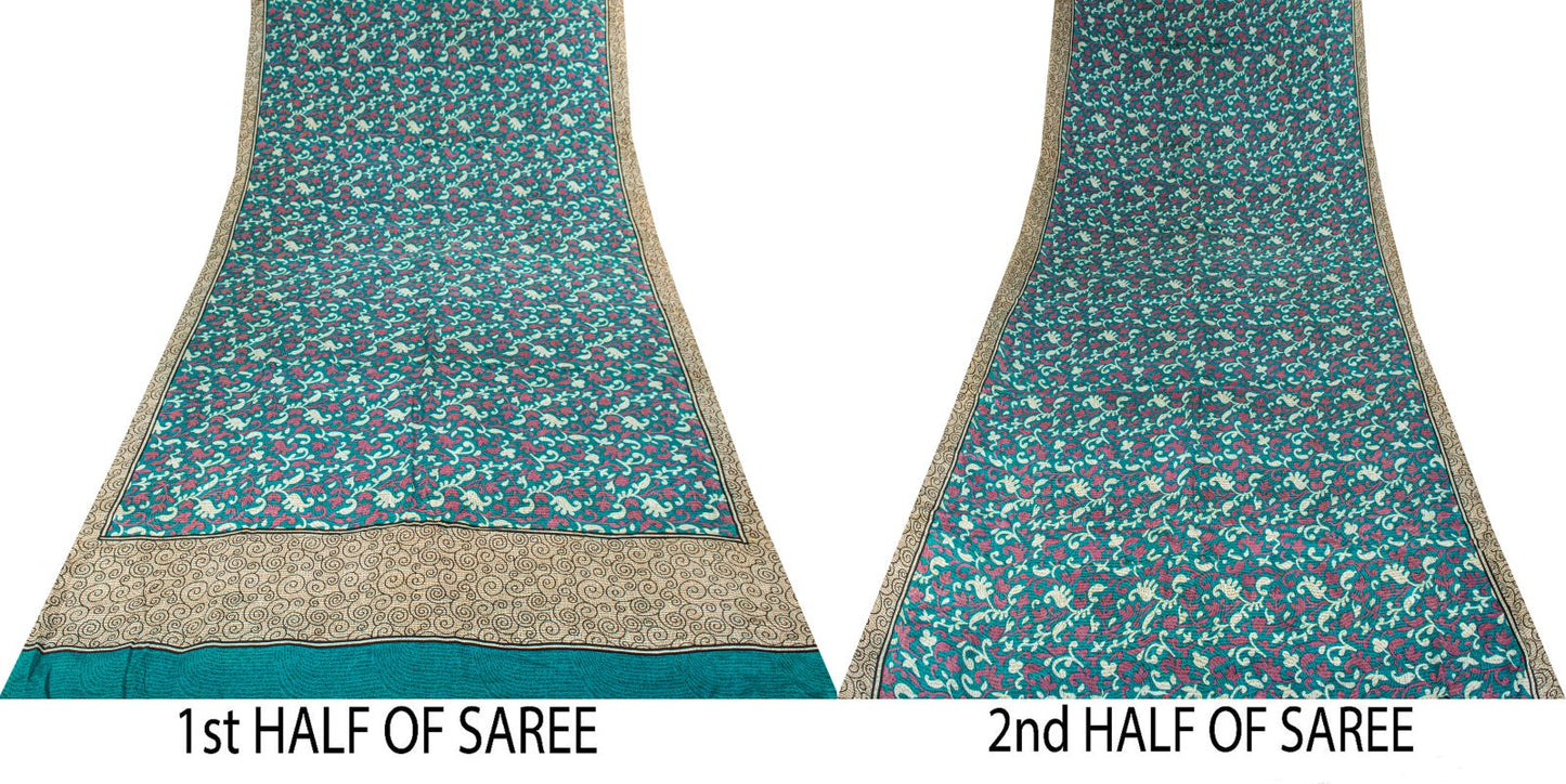 Sanskriti Vintage Blue Pure Crepe Silk Saree Floral Print Sari 5+Yard Fabric DIY