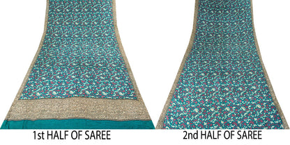Sanskriti Vintage Blue Pure Crepe Silk Saree Floral Print Sari 5+Yard Fabric DIY