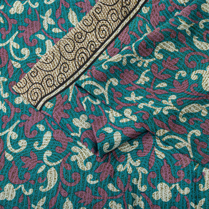 Sanskriti Vintage Blue Pure Crepe Silk Saree Floral Print Sari 5+Yard Fabric DIY