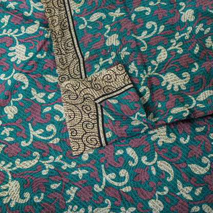 Sanskriti Vintage Blue Pure Crepe Silk Saree Floral Print Sari 5+Yard Fabric DIY