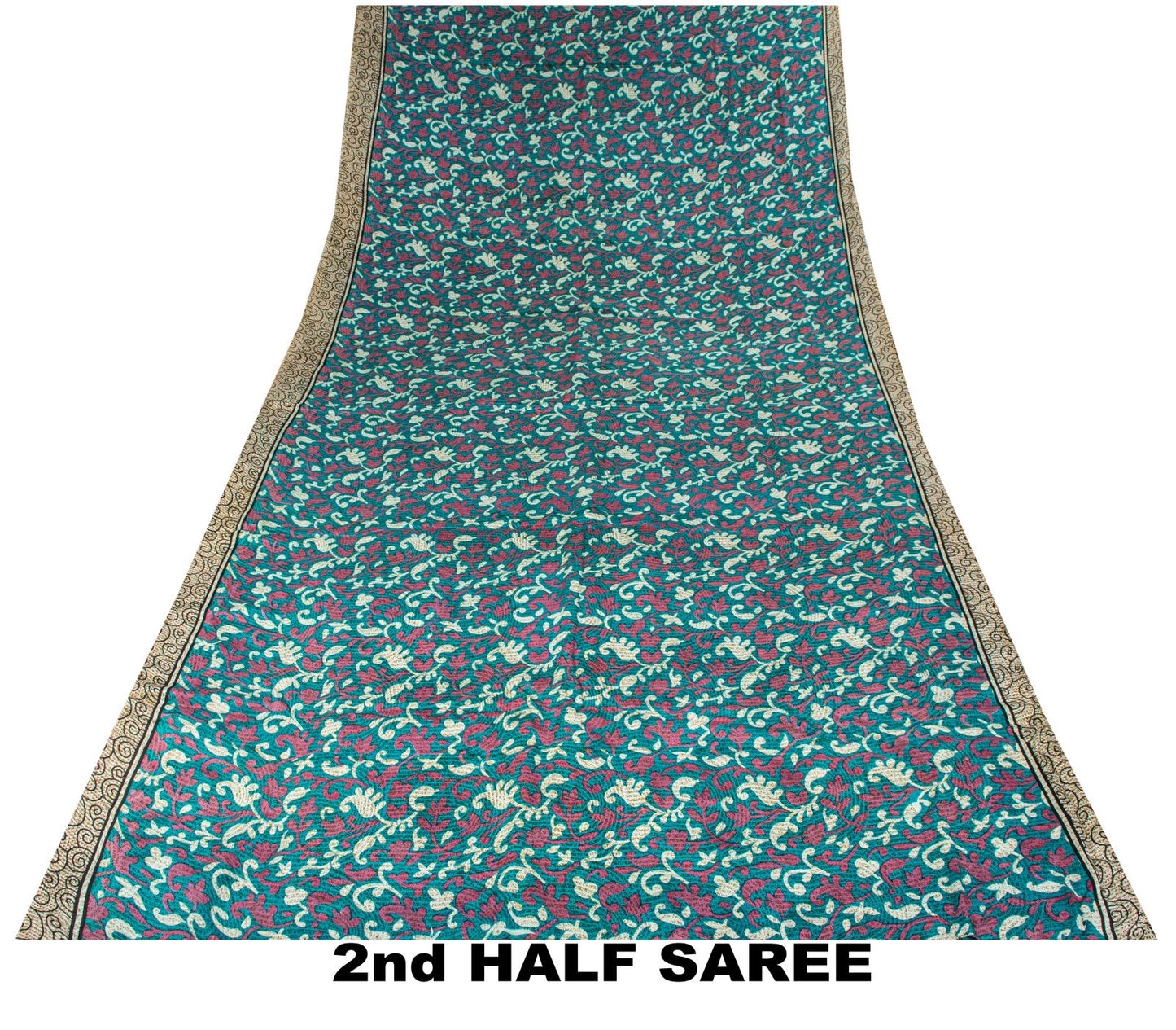 Sanskriti Vintage Blue Pure Crepe Silk Saree Floral Print Sari 5+Yard Fabric DIY
