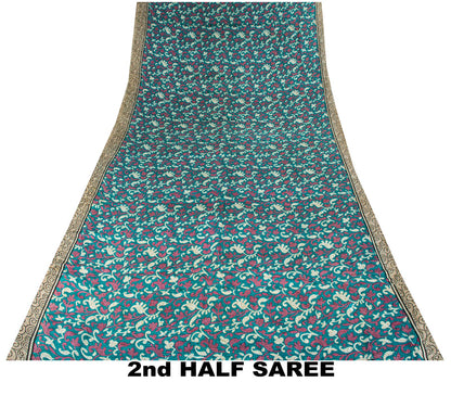 Sanskriti Vintage Blue Pure Crepe Silk Saree Floral Print Sari 5+Yard Fabric DIY