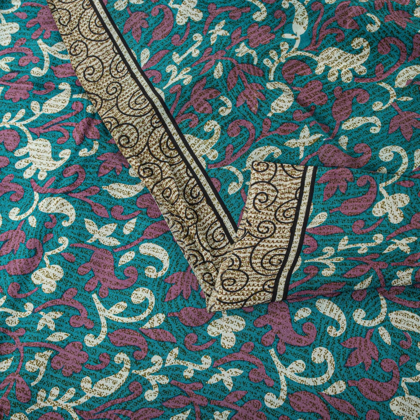 Sanskriti Vintage Blue Pure Crepe Silk Saree Floral Print Sari 5+Yard Fabric DIY