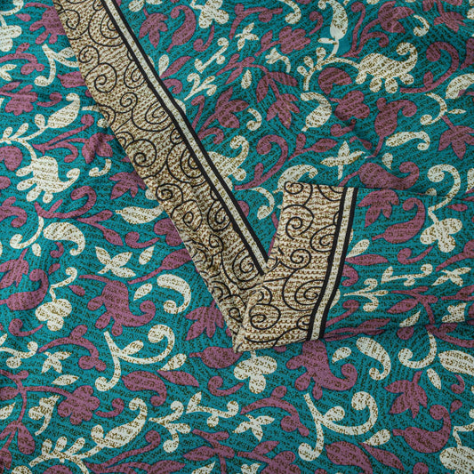 Sanskriti Vintage Blue Pure Crepe Silk Saree Floral Print Sari 5+Yard Fabric DIY