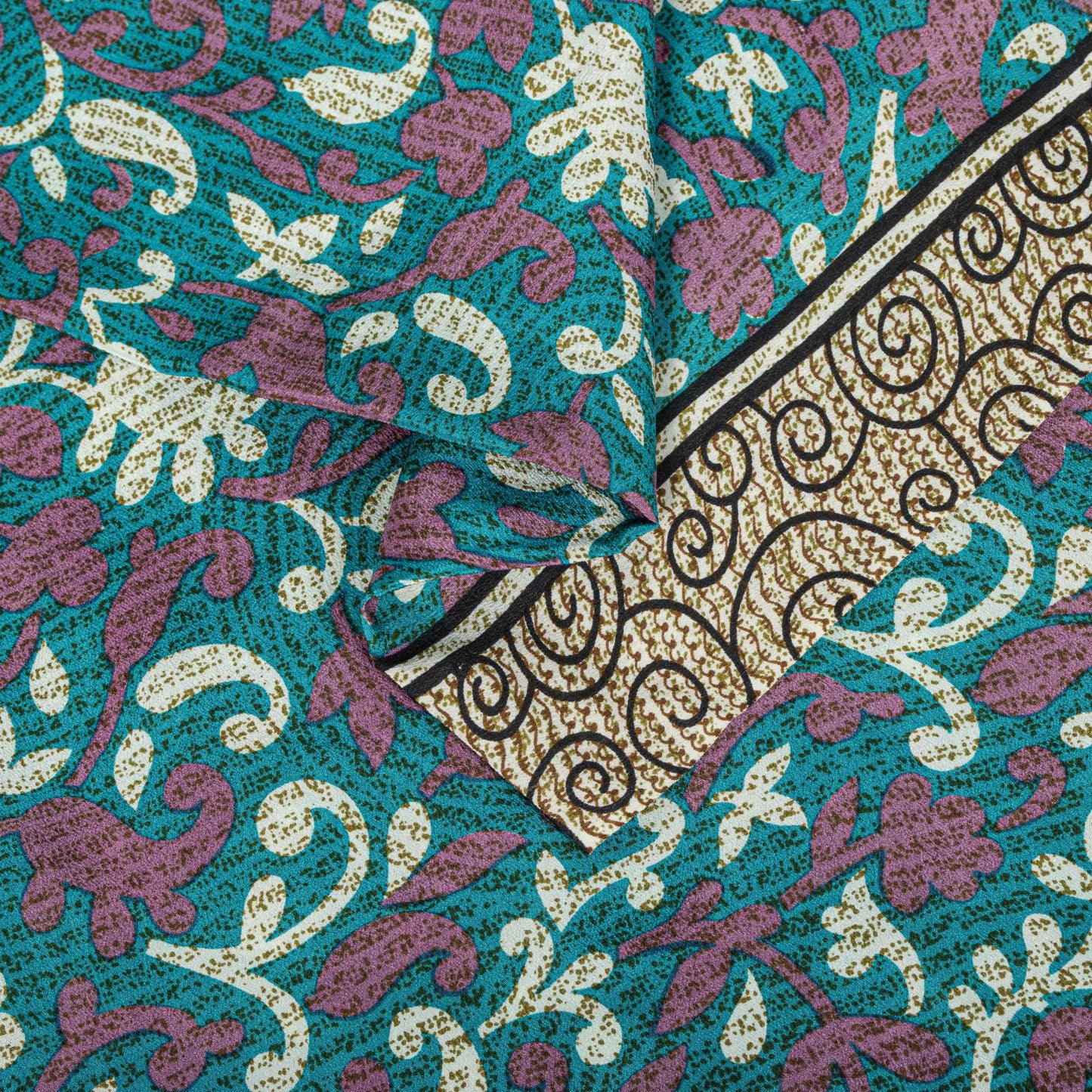 Sanskriti Vintage Blue Pure Crepe Silk Saree Floral Print Sari 5+Yard Fabric DIY