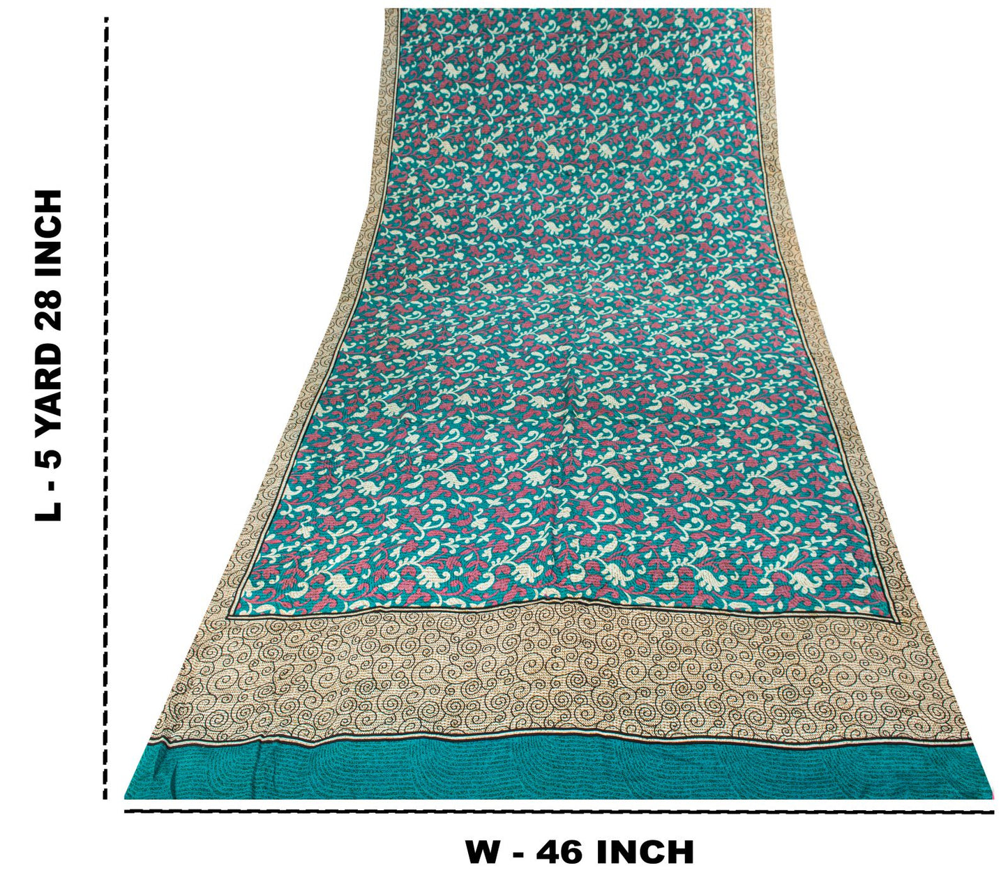 Sanskriti Vintage Blue Pure Crepe Silk Saree Floral Print Sari 5+Yard Fabric DIY