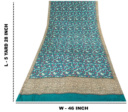Sanskriti Vintage Blue Pure Crepe Silk Saree Floral Print Sari 5+Yard Fabric DIY