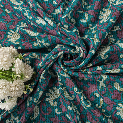 Sanskriti Vintage Blue Pure Crepe Silk Saree Floral Print Sari 5+Yard Fabric DIY