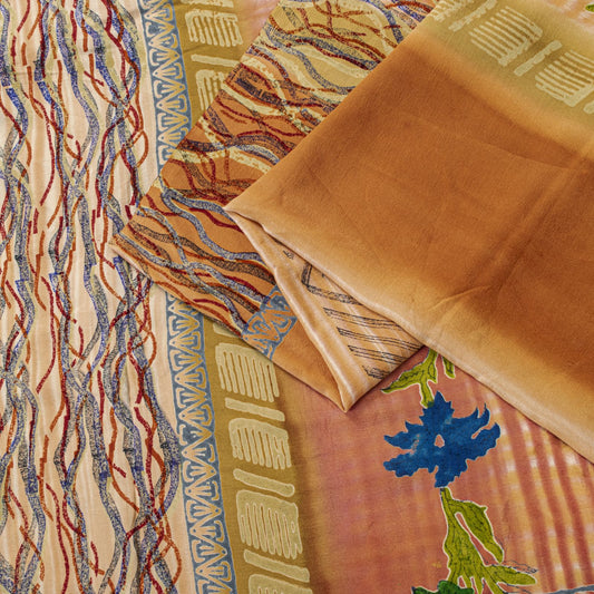 Sanskriti Vintage Saree Multicolor 100% Pure Crepe Floral Print Sari 5+Yd Fabric