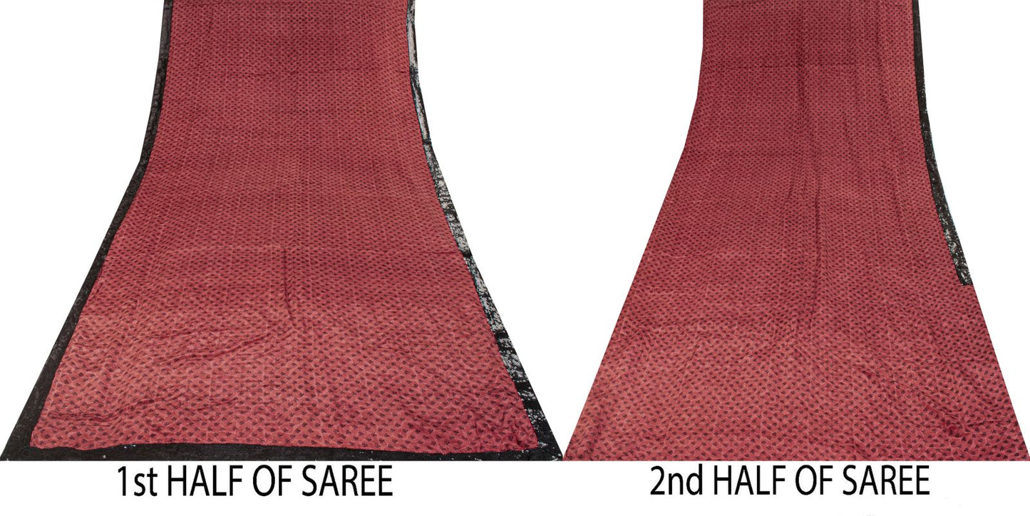 Sanskriti Vintage Saree Mauve Pure Crepe Paisley Print Sari 5.5+Yd Craft Fabric