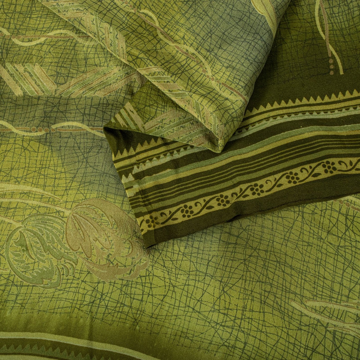 Sanskriti Vintage Saree Green Pure Crepe Floral Printed Sari 5.5+Yd Craft Fabric