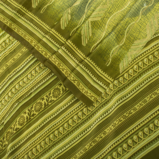Sanskriti Vintage Saree Green Pure Crepe Floral Printed Sari 5.5+Yd Craft Fabric