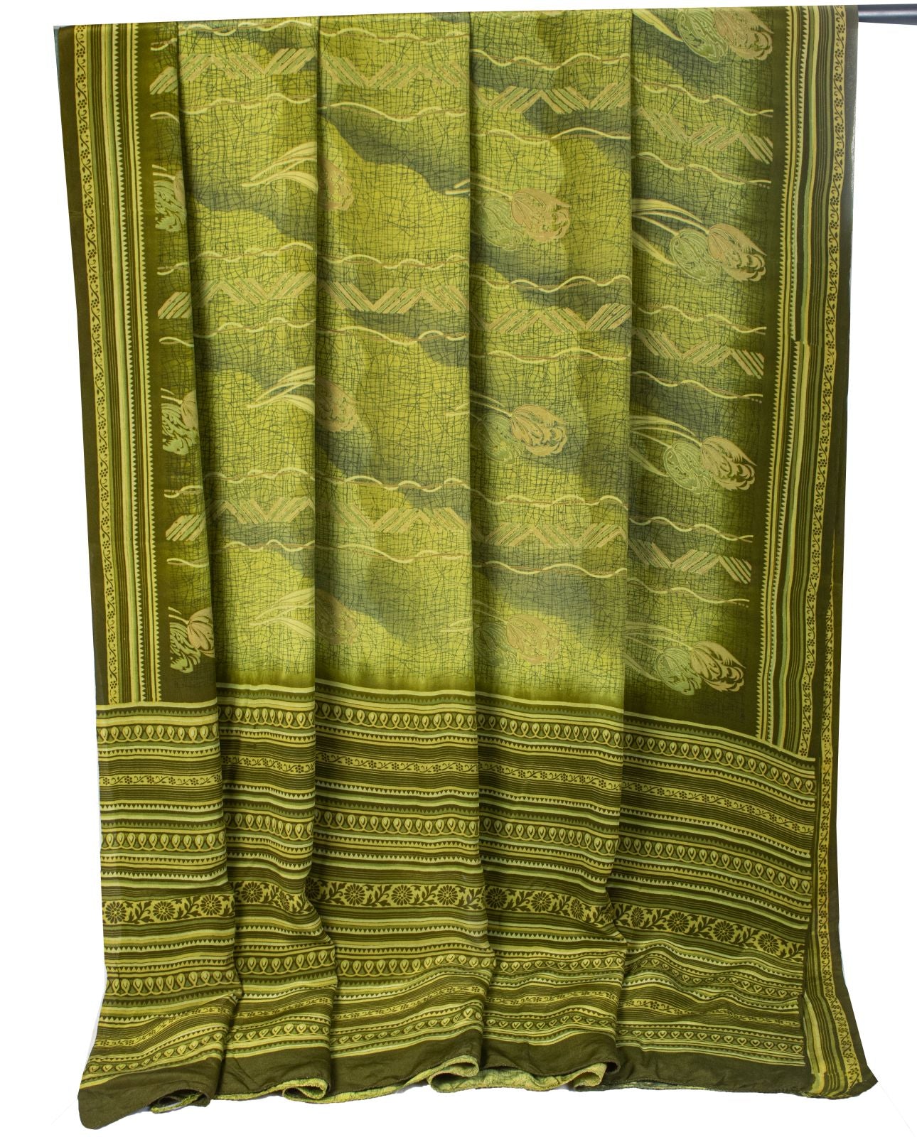 Sanskriti Vintage Saree Green Pure Crepe Floral Printed Sari 5.5+Yd Craft Fabric