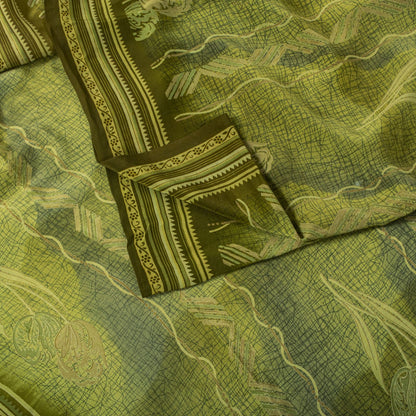 Sanskriti Vintage Saree Green Pure Crepe Floral Printed Sari 5.5+Yd Craft Fabric
