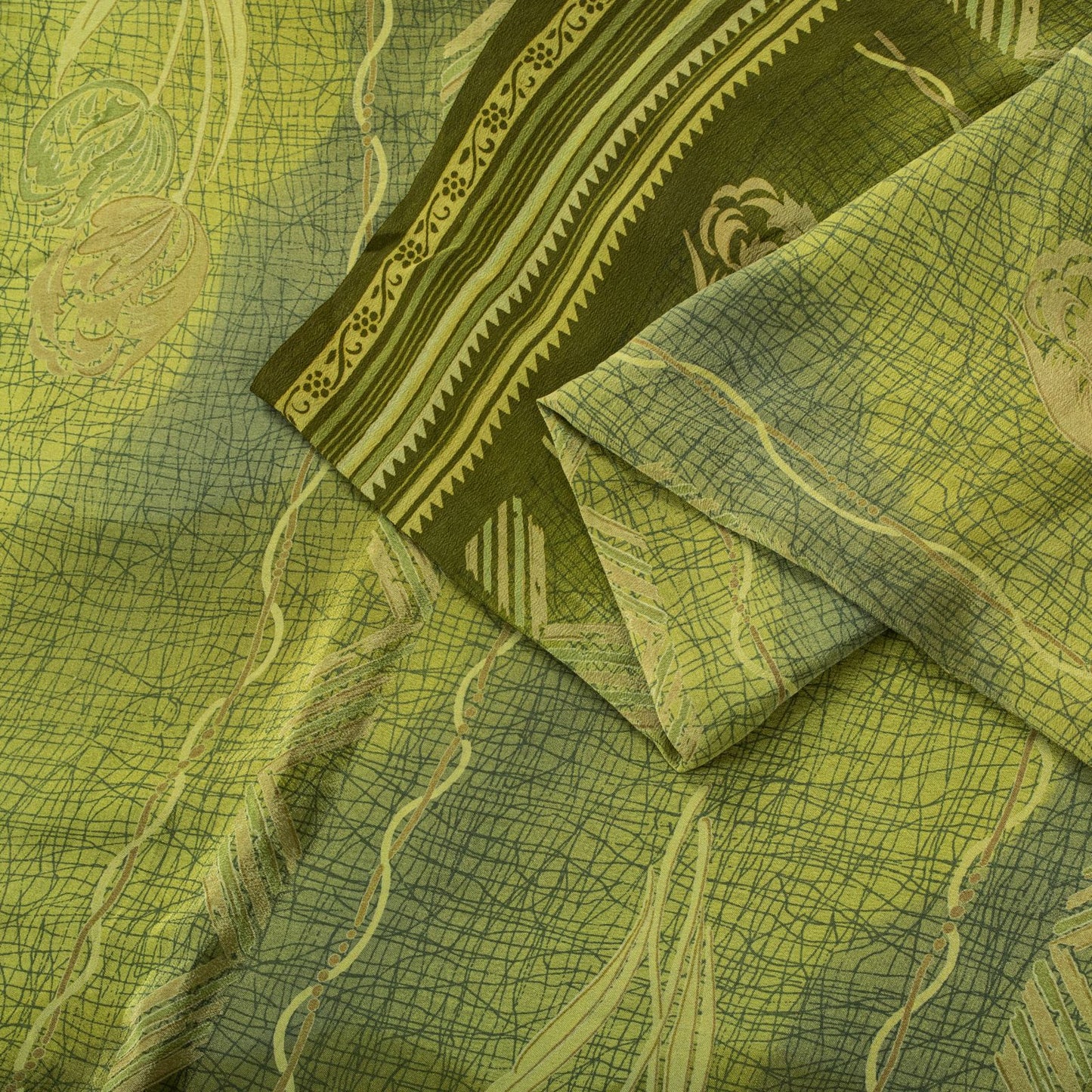 Sanskriti Vintage Saree Green Pure Crepe Floral Printed Sari 5.5+Yd Craft Fabric