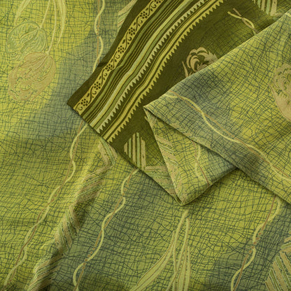 Sanskriti Vintage Saree Green Pure Crepe Floral Printed Sari 5.5+Yd Craft Fabric