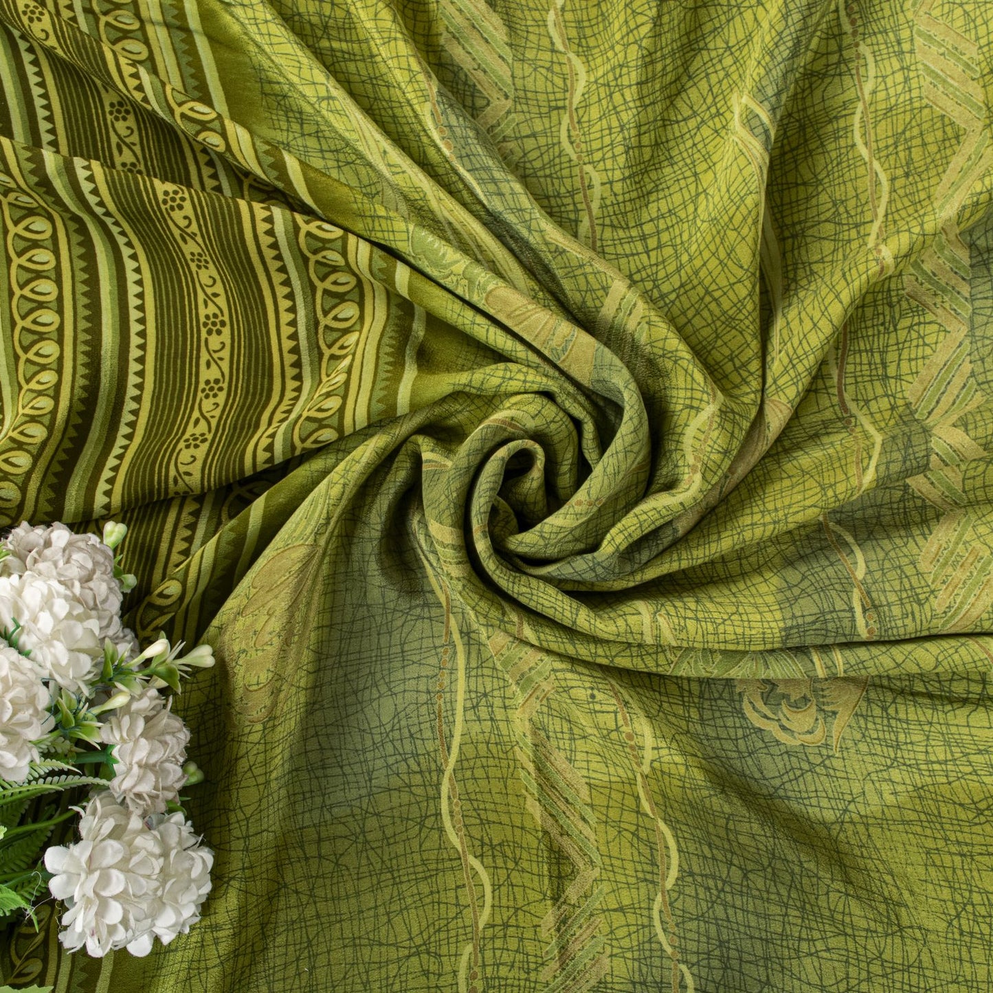 Sanskriti Vintage Saree Green Pure Crepe Floral Printed Sari 5.5+Yd Craft Fabric