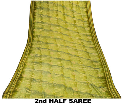 Sanskriti Vintage Saree Green Pure Crepe Floral Printed Sari 5.5+Yd Craft Fabric