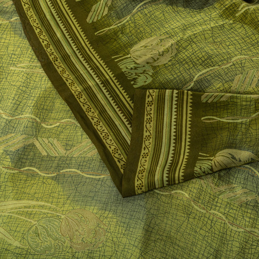 Sanskriti Vintage Saree Green Pure Crepe Floral Printed Sari 5.5+Yd Craft Fabric