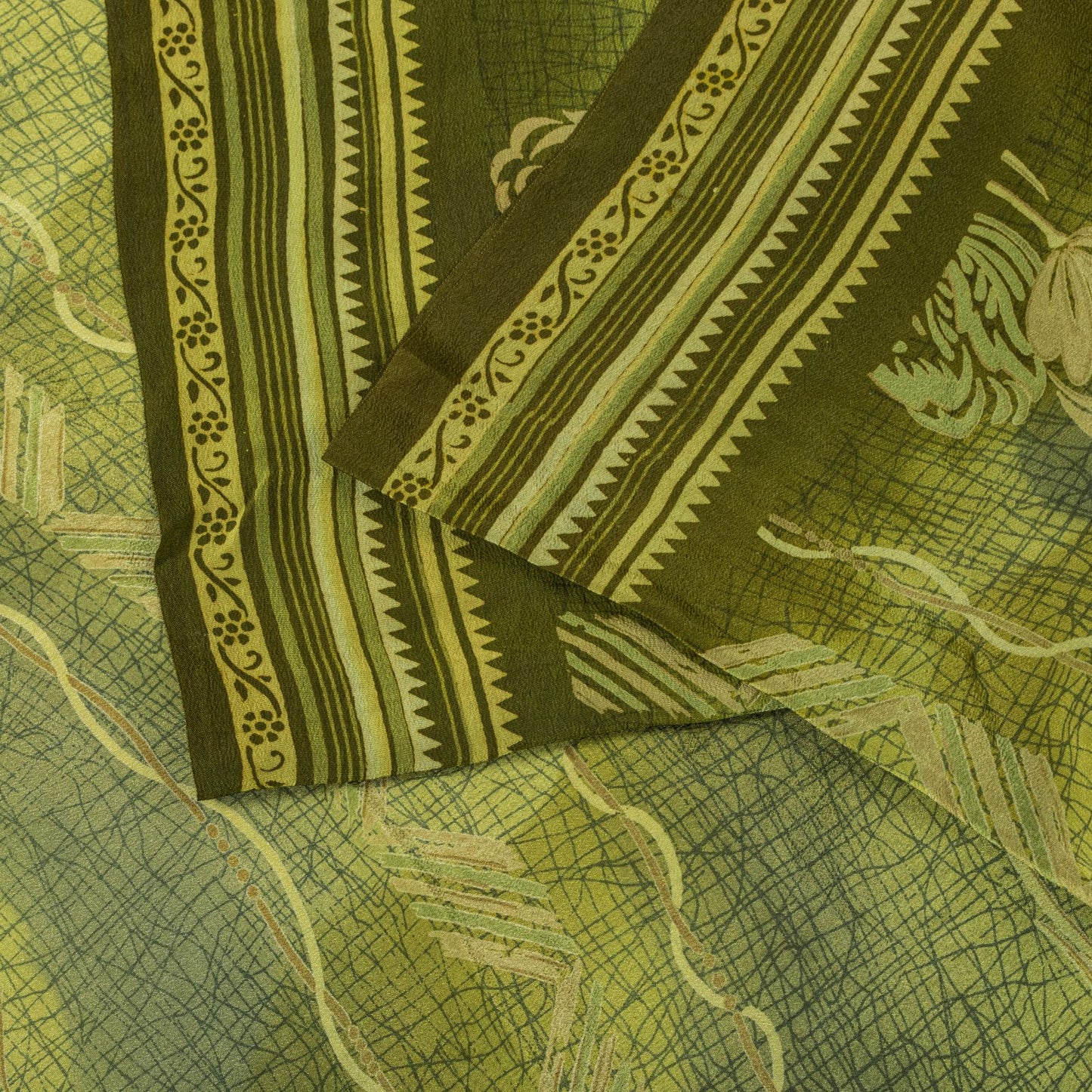 Sanskriti Vintage Saree Green Pure Crepe Floral Printed Sari 5.5+Yd Craft Fabric