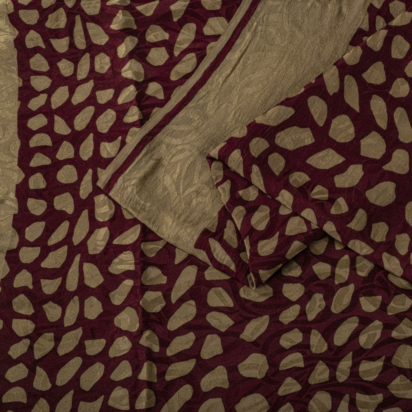 Sanskriti Vintage Saree Wine Pure Crepe Floral Printed-Self Sari 5.5+Yd Fabric