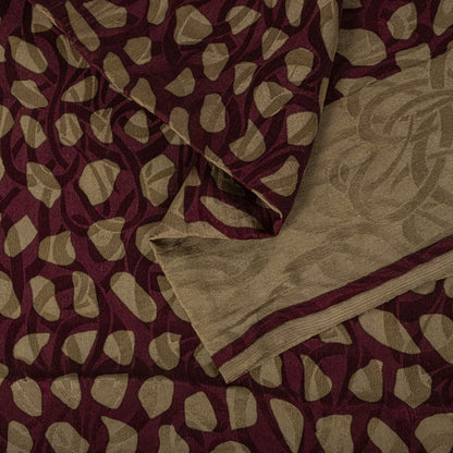 Sanskriti Vintage Saree Wine Pure Crepe Floral Printed-Self Sari 5.5+Yd Fabric