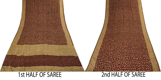 Sanskriti Vintage Saree Wine Pure Crepe Floral Printed-Self Sari 5.5+Yd Fabric