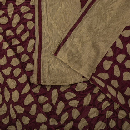 Sanskriti Vintage Saree Wine Pure Crepe Floral Printed-Self Sari 5.5+Yd Fabric
