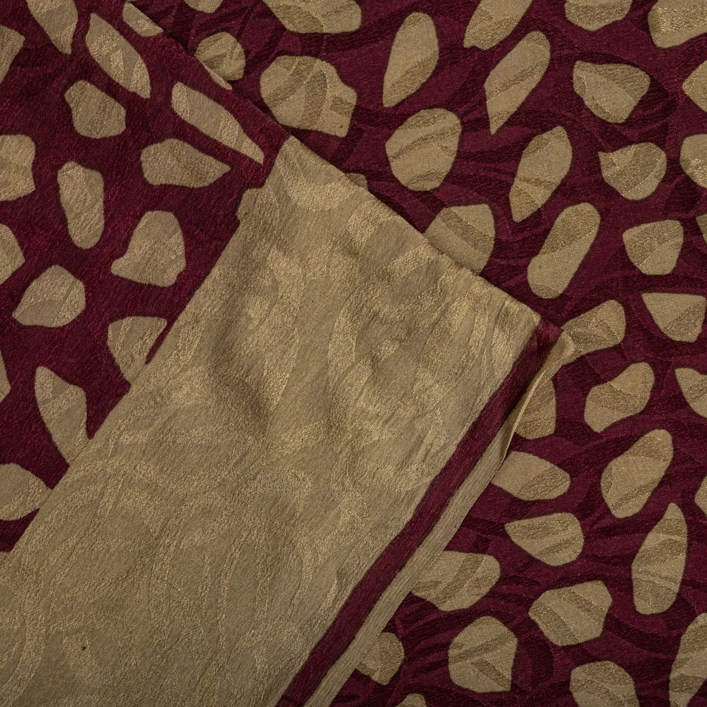 Sanskriti Vintage Saree Wine Pure Crepe Floral Printed-Self Sari 5.5+Yd Fabric