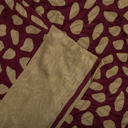 Sanskriti Vintage Saree Wine Pure Crepe Floral Printed-Self Sari 5.5+Yd Fabric