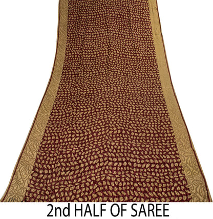 Sanskriti Vintage Saree Wine Pure Crepe Floral Printed-Self Sari 5.5+Yd Fabric