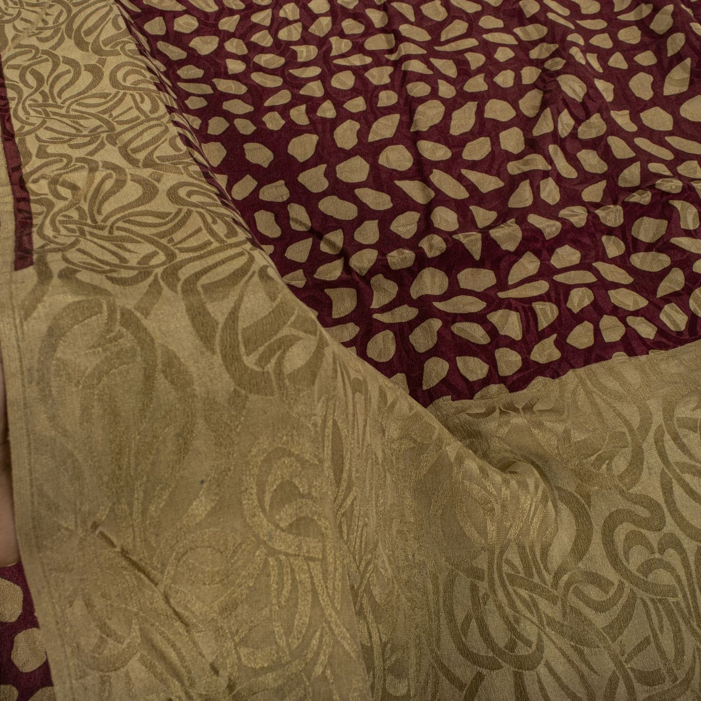 Sanskriti Vintage Saree Wine Pure Crepe Floral Printed-Self Sari 5.5+Yd Fabric