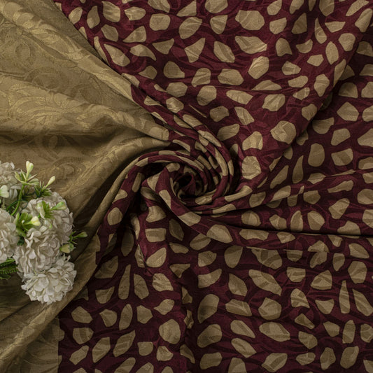 Sanskriti Vintage Saree Wine Pure Crepe Floral Printed-Self Sari 5.5+Yd Fabric