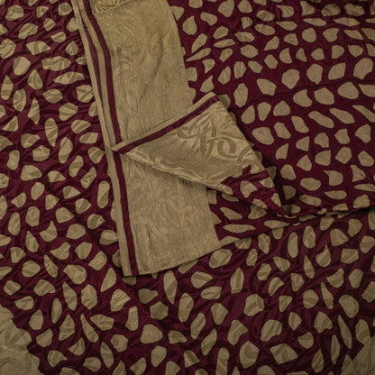 Sanskriti Vintage Saree Wine Pure Crepe Floral Printed-Self Sari 5.5+Yd Fabric